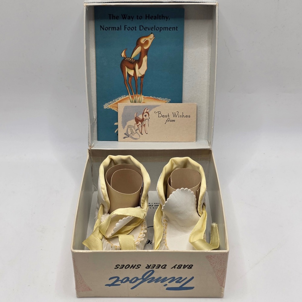 Trimfoot Baby Deer Shoes Infant White Yellow Ribbon Tie Vintage 1950s‎